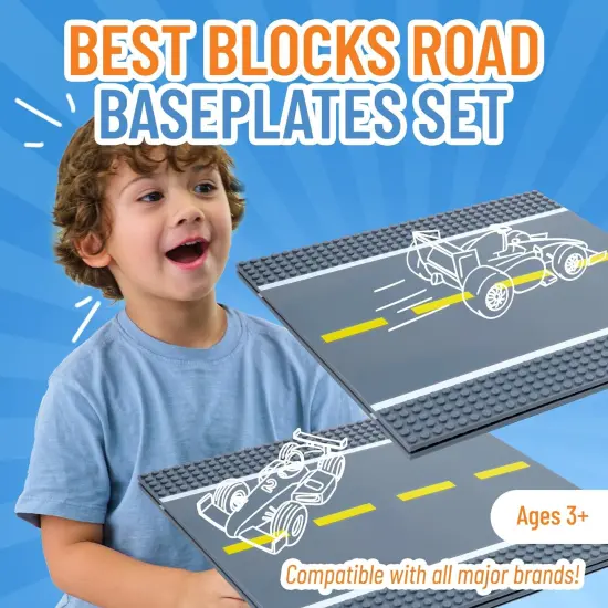 Strictly Briks 4 Pack City Road Plates, Classic Building Bricks Baseplates Straight Set for Street, Race Track, Compatible with All Major Brands, 10x10 in Multicolor {2}