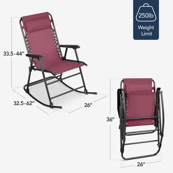 Best Choice Products Folding Outdoor Zero Gravity Rocking Lounge Chair w/ Headrest Pillow Burgundy {2}