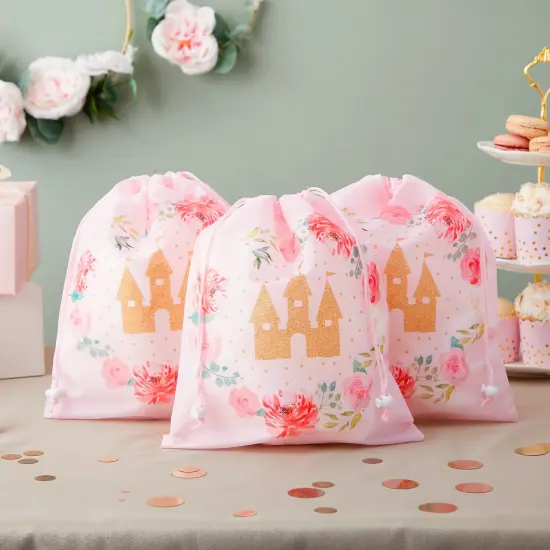 12 Pack Pink Drawstring Gift Bags for Princess Birthday Party Favors, Castle and Rose Print (10 x 12 In) {2}