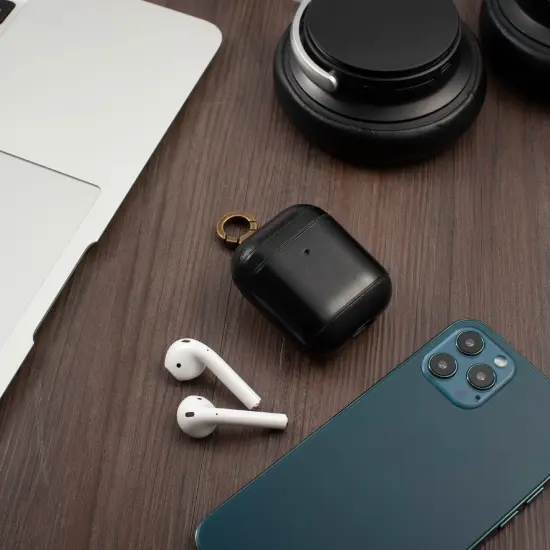 Insten Genuine Leather Case Compatible with Airpods 2 & 1 Carrying Case with Anti Loss Keychain Hook, Front LED Light Visible, Full Body Protective Skin Cover For Women Men Girls Boys, Black {6}