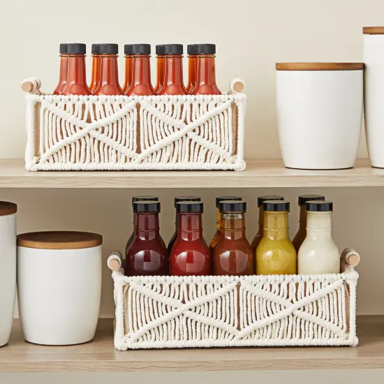 Set of 2 Macrame Storage Baskets, Woven Bins with Wood Handles for Home Decor (Ivory) White {2}