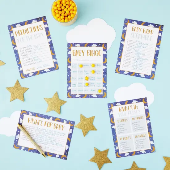 Set of 5 Baby Shower Games for 50 Guests, Over The Moon, Twinkle Twinkle Little Star Bingo (251 Total Pieces) {2}