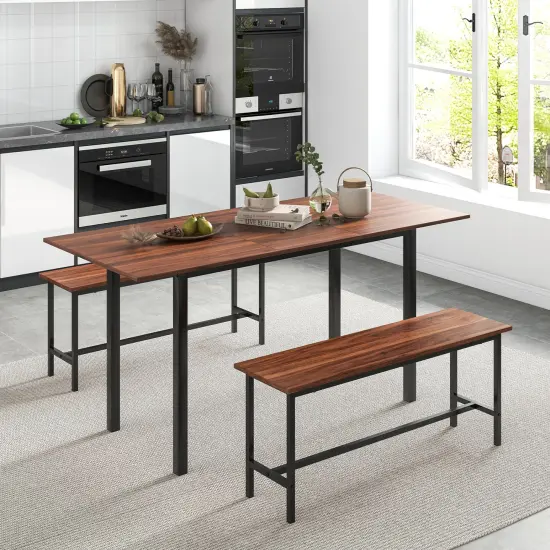 Modern Wooden 3 Piece Dining Table Set for 4-6 with 2 Benches &ndash; Sturdy, Space-Saving Design Walnut {2}