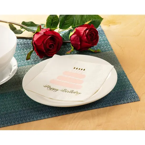 100 Pack Happy Birthday Napkins, 3-ply Gold Foil Disposable Cocktail Paper Napkins, Folded 5 x 5 Inches, Pink and White Cake Design {3}