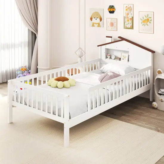 Wood Montessori Twin Bed with House-shaped Headboard, Guardrails, Built-in Storage Shelf White {2}