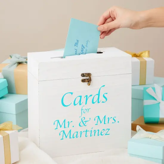 Rustic Wooden Wedding Card Box with Lock and Key Shaped Slot for Reception (White, 9.75 x 5 x 10 In) {3}