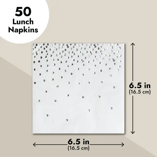 50 Pack Silver Foil Polka Dots Paper Napkins, 6.5 Inch White and Silver Confetti Style Cocktail Napkins for Wedding, Anniversaries, Birthdays, Parties (3-Ply) {5}