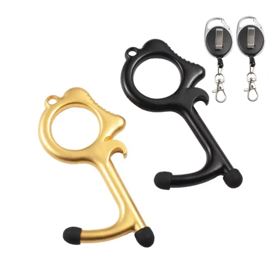 2 Pack No Contact Touch Door Opener Tool with Stylus Ends & Retractable Keychain, Gold Black {1}