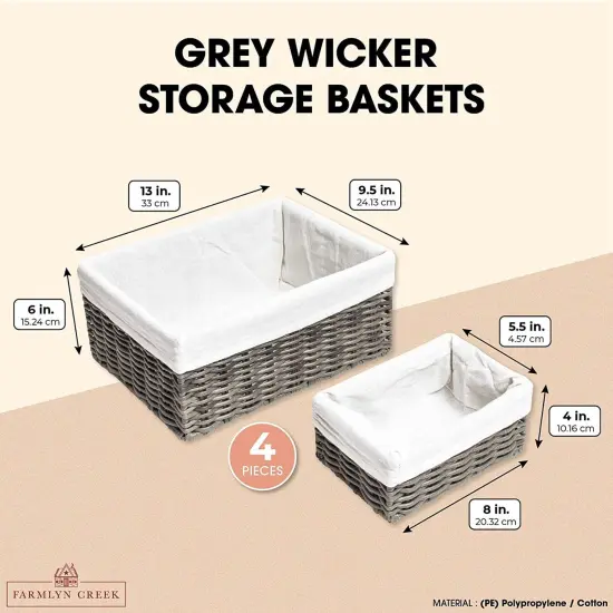 4 Pack Rectangular Wicker Storage Baskets with Liners - Small Decorative Bins for Organizing Shelves (2 Sizes, Gray) Grey {4}