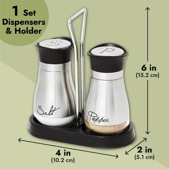 Juvale Stainless Steel Salt and Pepper Shakers Set with Holder, Refillable, Clear Glass Bottoms, Screw-Off Perforated "S" and "P" Caps for Kitchen Table Decor (4oz) Silver {5}