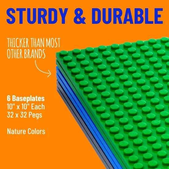 Strictly Briks 6 Pack Classic Baseplates 10x10 in, Stackable Building Plates with 32 x 32 Studs, Mats, Bases, Boards, Sheets 100% Compatible with All Major Brands, Nature Colors, Ages 3-14 Multicolor {2}