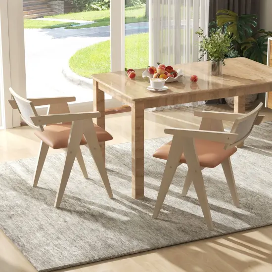 Walnut Wooden Mid-Century Accent Chairs with Leathaire Seat Cushions, Set of 2 Beige {3}