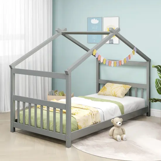 Wooden Twin Size House Bed with Roof Frame for Kids Bedroom Grey {6}