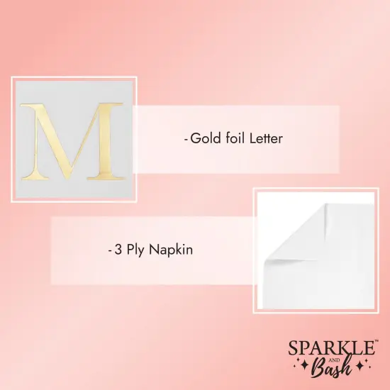 Sparkle and Bash 100 Pack Gold Foil Initial Letter M White Monogram Paper Napkins for Wedding Reception, Table Decorations (4 x 8 In) {4}