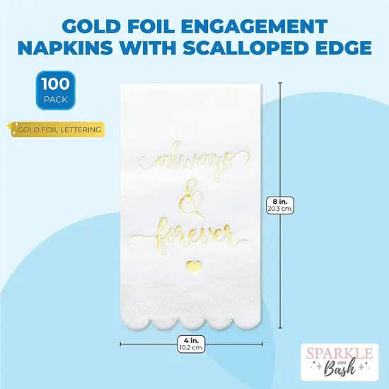100 Pack White Napkins for Wedding Reception with Gold Foil Scalloped Edges, Always and Forever (3-Ply, 4 x 8 In) {2}