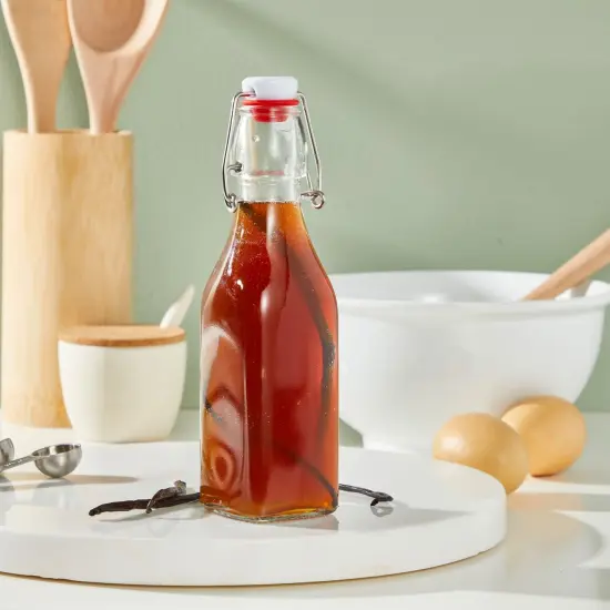 6 Pack 8 oz Swing Top Glass Bottles with Stoppers, Cleaning Brush - Hot Sauce Bottles for Vanilla Extract, Infused Oil, Syrup, Homemade Kombucha Clear {3}