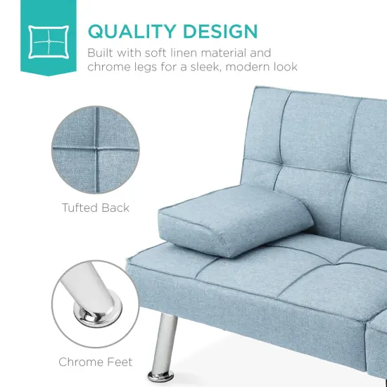 Best Choice Products Modern Linen Convertible Futon Sofa Bed w/ Removable Armrests, Metal Legs, Cupholders Light Blue {5}