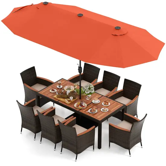 Costway 11 PCS Patio Dining Set with 15ft Double-Sided Patio Umbrella (Base Included) Beige/Coffee/Navy/Orange/Wine/Grey {10}