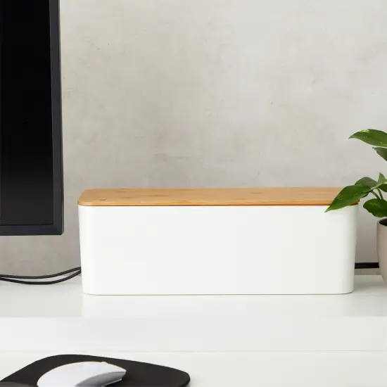 Box for Cable Management, 1 Large ABS Cord Organizer Box with Bamboo Lid, White {2}