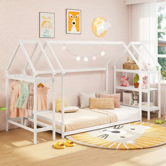 Twin Size Montessori Floor House Bed with Detachable Storage Shelves White {6}