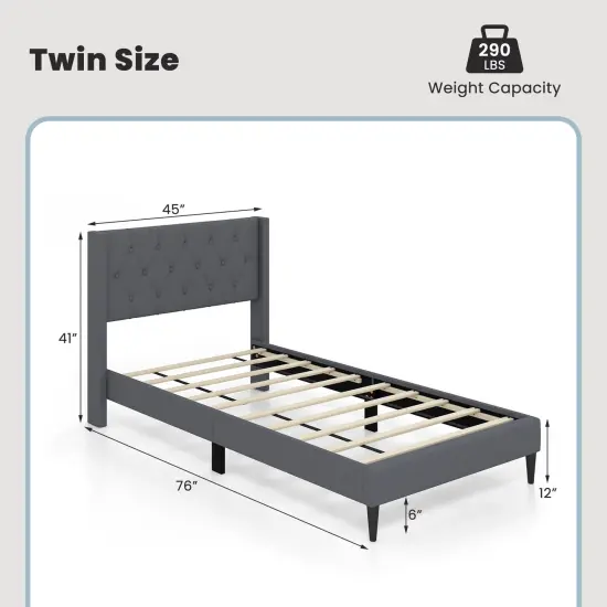 Twin Size Upholstered Platform Bed with Button Tufted Wingback Headboard and Adjustable Foot Pads Grey {4}