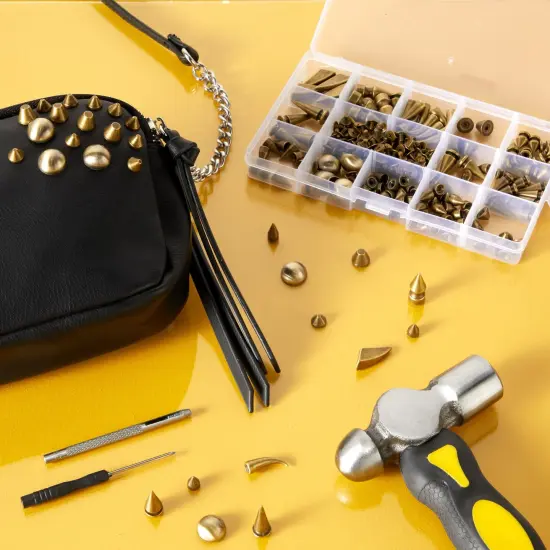 150-Piece Bronze Spikes and Studs Set, 13 Assorted Shapes with Screws, Phillips Screwdriver, Hole Punch Tool, and Plastic Storage Case for Crafts and Clothing Decorations Brown {2}