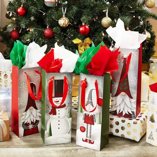 Bright Creations 12 Pack Christmas Wine Gift Bags with Tissue Paper Wrapping, 4 Gnomes Snowmen Designs for Home Party Holiday Supplies, Fun and Festive Xmas Packaging (5 x 13.6 x 4 in) Gray {2}