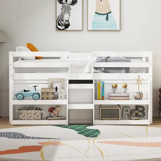 Twin Size LED Lighted Loft Bed with Staircase and Safety Guardrail Perfect for Kids White {2}