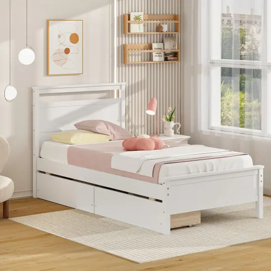 Wooden Twin Bed Frame with Storage Drawers Chic Headboard and Footboard White {5}