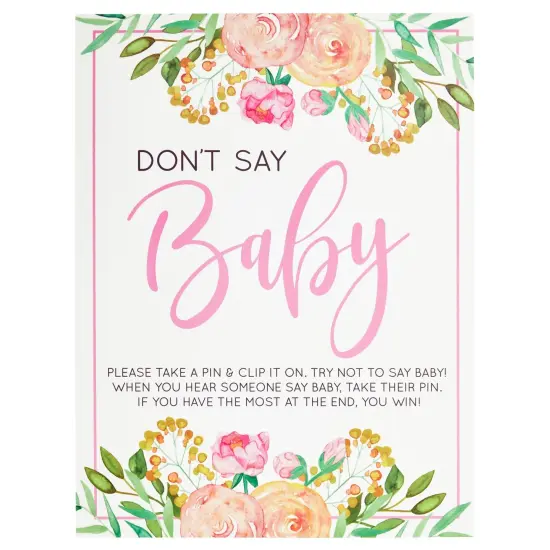 Floral Baby Shower Clothespin Game For Girl, Don't Say Baby Theme with 60 Pink Clothes Pins and 8x10-Inch Sign {4}