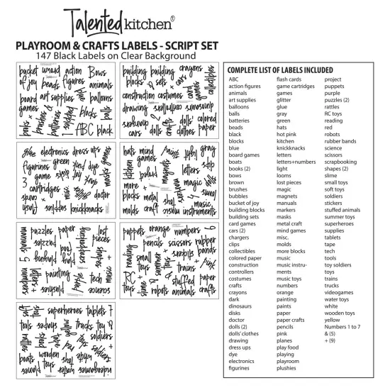 Talented Kitchen 147 Toy Labels for Playroom Organization and Storage Bins, Preprinted Black Script on Clear Vinyl Stickers for Crafts, Canisters, Baskets, and Closet (Water Resistant) {6}