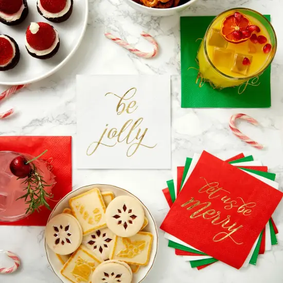 102-Pack Christmas Napkins, 3-Ply Disposable Paper Tableware for Holiday Party Supplies, Beverages, Cocktails, Table Decorations, Gold Foil Design, 3 Colors (5x5 In) Multicolor {2}