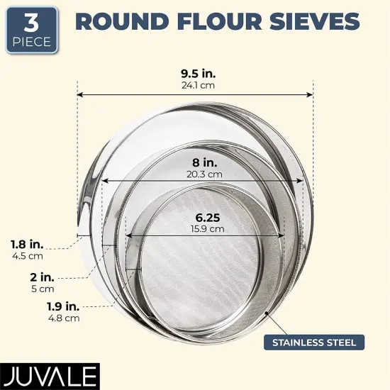 3-Piece Fine Mesh Sieve Strainer Set, Stainless Steel Professional Round Flour Sifters for Baking (3 Sizes) Silver {3}
