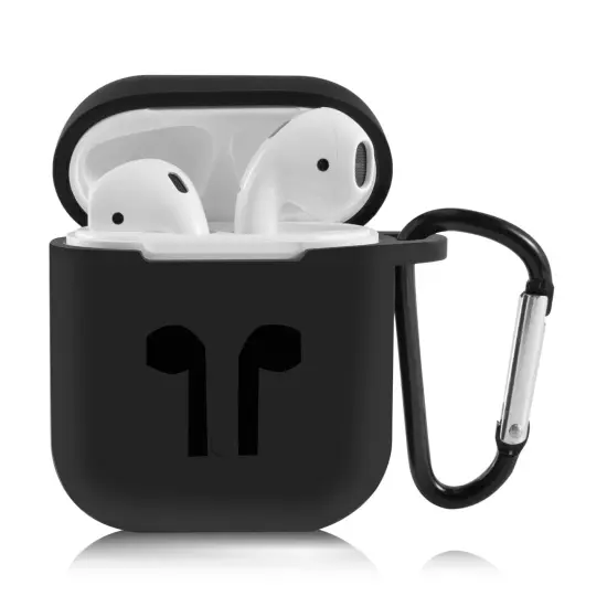 For Airpods Case with Keychain, Protective Rubber Silicone Soft Gel Cover Skin with Carabiner for Airpods 1 1st and Airpods 2 2nd Gen Earbuds Accessories - Black by Insten {1}