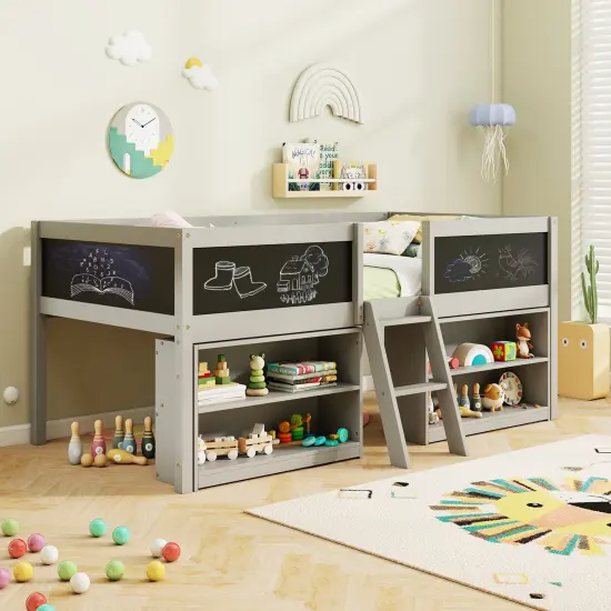 Twin Loft Bed with Chalkboards, Bookcases, Storage Shelf, Guardrails, and Sturdy Wood Construction Grey {2}