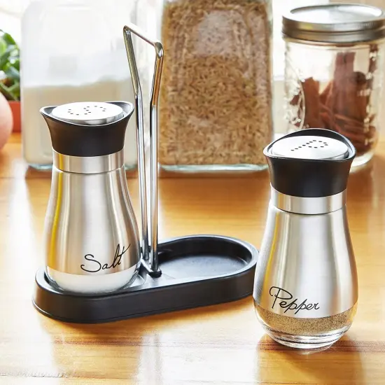 Juvale Stainless Steel Salt and Pepper Shakers Set with Holder, Refillable, Clear Glass Bottoms, Screw-Off Perforated "S" and "P" Caps for Kitchen Table Decor (4oz) Silver {3}