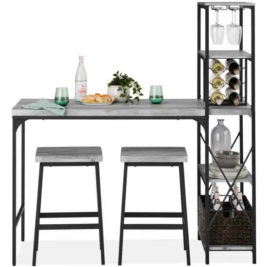 Best Choice Products 3-Piece Bar Height Dining Set w/ Bottle Rack, Glass Storage, 5 Shelves Gray {1}