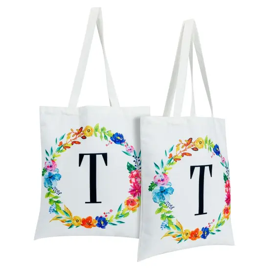 Set of 2 Reusable Monogram Letter T Personalized Canvas Tote Bags for Women, Floral Design (29 Inches) White {1}