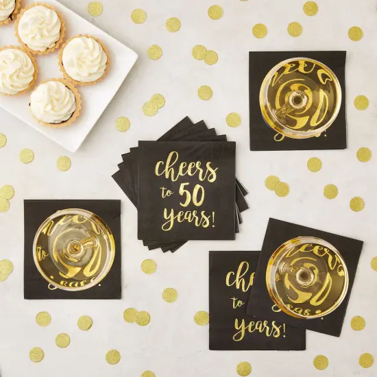 BLUE PANDA 50 Pack Cheers to 50 Years Printed Cocktail Napkins for 50th Birthday and Anniversary - 3-Ply, Black & Gold Foil {2}
