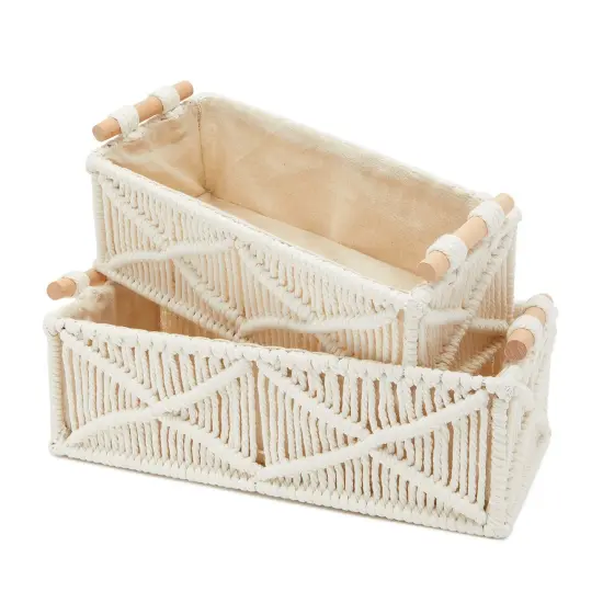 Set of 2 Macrame Storage Baskets, Woven Bins with Wood Handles for Home Decor (Ivory) White {1}