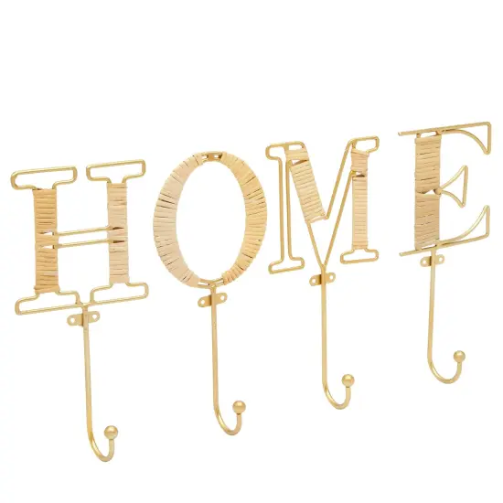 4 Piece Wall Mount Key Holder with 4 Hooks, Rustic Rattan Home Letters for Key Storage (4 x 10 In) Gold {5}