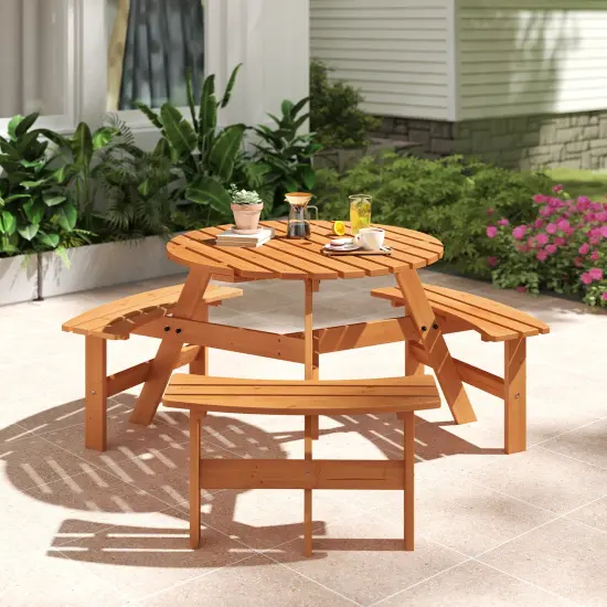Costway 6-Person Round Picnic Table Set with 3 Built-in Benches 2" Umbrella Hole, Brown/Yellow {1}