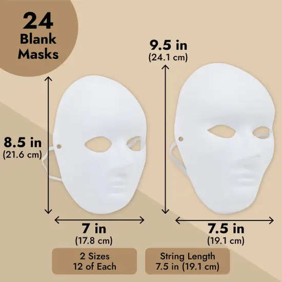 24 Pack Blank Paper Mache Masks to Decorate, White Opera Mask for Carnival, Masquerade Party, Theatre, Halloween (2 Sizes) {4}