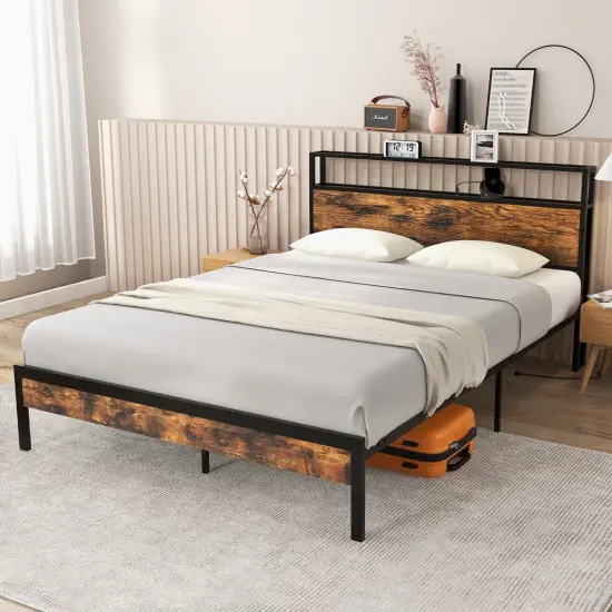 Twin/Full/Queen Bed Frame with Storage Headboard and Charging Station-Full Size {3}
