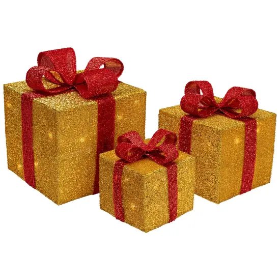 Northlight Set of 3 Gold and Red Gift Boxes with Bows Lighted Christmas Outdoor Decorations {3}