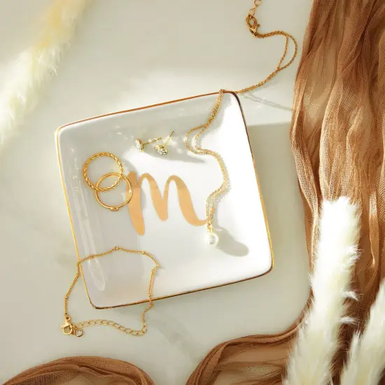 Monogrammed Letter M Ring Tray for Gifts, Personalized Jewelry Dish for Earrings, Necklaces, Bracelets (4x4 in) White {2}