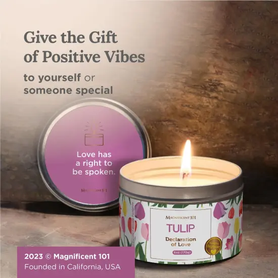 Magnificent 101 Long Lasting Flower Tin Candles with Tulip Scented | 6 Oz - 35 Hour Burn | Made of Natural Soy Wax for Manifestation, Purification, Chakra Healing & House Energy Cleansing Multicolor {6}