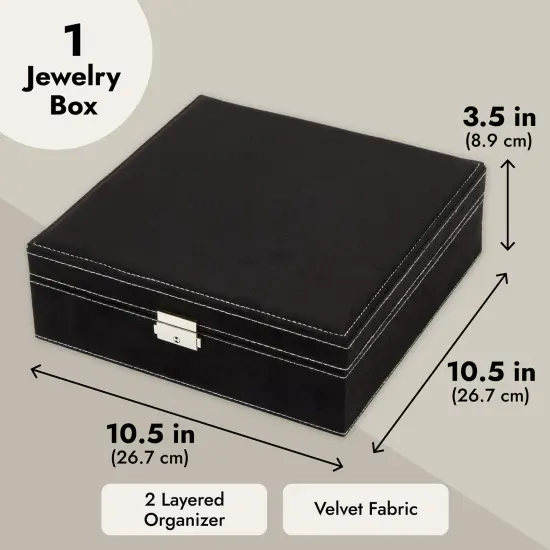 Velvet Jewelry Box Organizer - Lockable 2 Layer Travel Case, Earrings Storage with Removable Tray for Women, Men (Black) {4}
