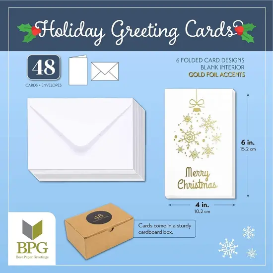 Best Paper Greetings 48 Pack Merry Christmas Greeting Cards, 4x6 Inches Xmas Note Cards Box Set, Holiday Cards with Envelopes Blank Inside for Holiday Greetings, 6 Gold Foil Snowflake Designs White {2}