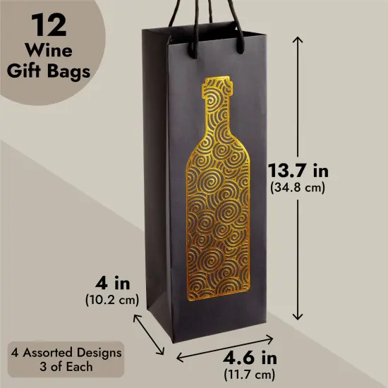 12-Pack Wine Gift Bags with Rope Handles, 4 Assorted, Elegant Black Metallic Foil Designs for Wine Bottles, Liquor, Champagne, Sparkling Cider (13.7x4.6x4 inches) {3}